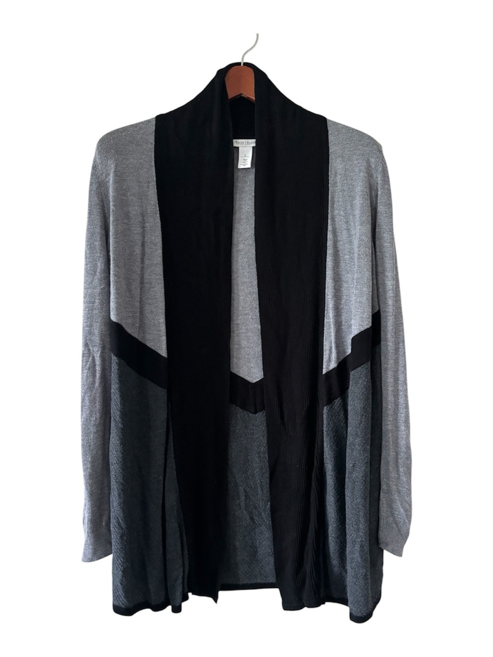 White House Black Market Black and Gray Open Front Colorblock Cardigan